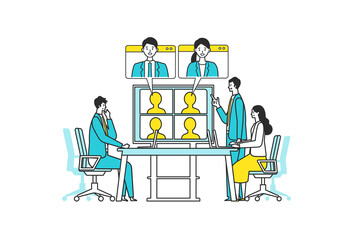 Telecommuting concept. Vector illustration of people having communication via telecommuting system. Concept for video conference, workers at home.