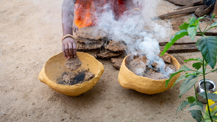 Indian women cooking food in the village