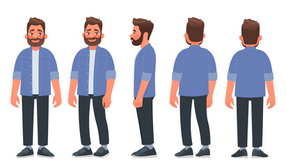 Bearded man in casual clothes. The guy is view from the front, from the side and from the back. Vector illustration