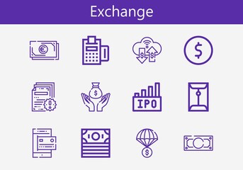 Premium set of exchange line icons. Simple exchange icon pack. Stroke vector illustration on a white background. Modern outline style icons collection of Money, Coin, Payment, Ipo, Payment method