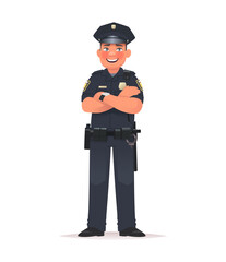 Smiling police officer dressed in uniform. Policeman on a white background. Vector illustration in cartoon style