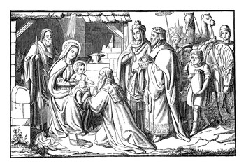 Three kings of wise men from East visit newborn Jesus in Bethlehem and giving him gifts. Bible, New Testament, Matthew 2.Vintage antique drawing.