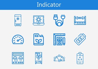Premium set of indicator line icons. Simple indicator icon pack. Stroke vector illustration on a white background. Modern outline style icons collection of Freezer, Loading, Gasoline, Battery