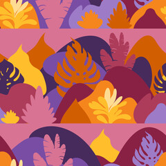 Naklejka premium Seamless pattern with mountain hilly landscape with tropical plants and trees, palms. Scandinavian style. Environmental protection, ecology. Park, exterior space, outdoor. Vector illustration.