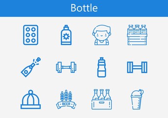Fototapeta na wymiar Premium set of bottle line icons. Simple bottle icon pack. Stroke vector illustration on a white background. Modern outline style icons collection of Drug, Bottle, Sun cream, Dumbbell, Barman