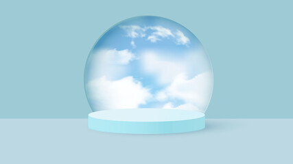 Background vector 3d blue rendering with podium and minimal cloudy scene. Minimal product display background of 3d rendered geometric shape sky blue cloud pastel.Vector