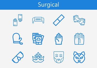 Premium set of surgical line icons. Simple surgical icon pack. Stroke vector illustration on a white background. Modern outline style icons collection of Goggles, Gloves, Mask, Rubber, Safety mask
