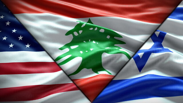 United States of America Flag and Israel flag and Lebanon Flag waving with texture sky Cloud and sunset triple flag