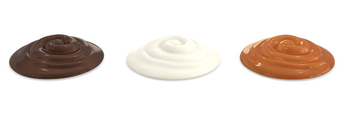 Realistic caramel candies icon set with creamy liquid and creamy drops of caramel chocolate cream 3d render
