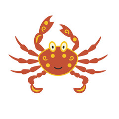Crab cartoon stylized with ticks and yellow spots. Hand-drawn vector. Marine mammals, a family of crustaceans. Design element for children illustrations, printing fabric, publishing Internet.