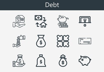 Premium set of debt line icons. Simple debt icon pack. Stroke vector illustration on a white background. Modern outline style icons collection of Loan, Mortgage, Piggy bank, Cheque, Reduce