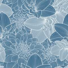 Seamless pattern with blue flowers of dahlias and amaryllis