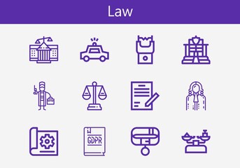 Premium set of law line icons. Simple law icon pack. Stroke vector illustration on a white background. Modern outline style icons collection of Courthouse, Stun gun, Police car, Scale, Police