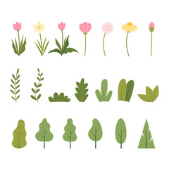 Set of spring flowers, leaves, and trees flat vector illustration.