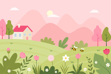 Spring Landscape with a cute house, bees, and flowers. Flat vector Illustration.