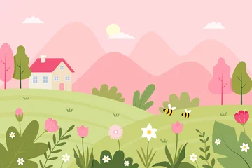 Rolgordijnen Kinderkamer Spring Landscape with a cute house, bees, and flowers. Flat vector Illustration.  © AZ Studio