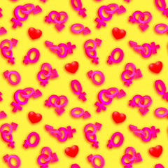 Seamless square background of hearts and symbols of female and male on a yellow background. Seamless background concept for design