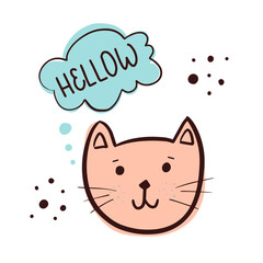 Vector illustration. Icon of cute cat's head. Hand drawn calligraphy 