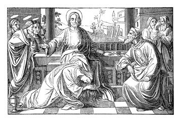 Mary of Bethany, the sinful woman is kissing and washing feet of Jesus in House of Simon. Vintage antique drawing. Bible, New Testament, Luke 7.