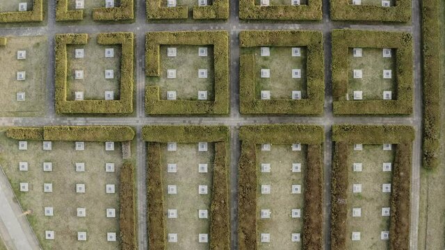 Aerial view of a symmetrical cemetery. Abstract background, maze. Outside architecture, mysterious place.