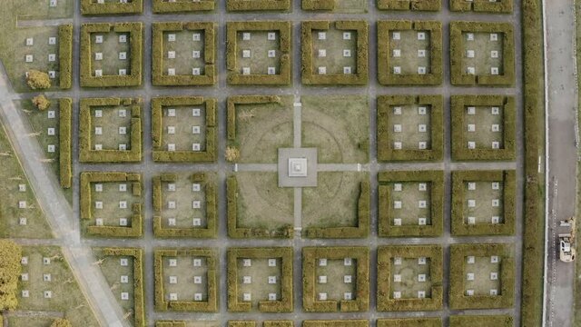 Aerial view of a symmetrical cemetery. Abstract background, maze. Outside architecture, mysterious place.