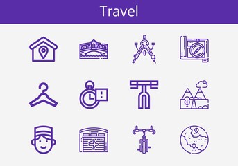 Premium set of travel line icons. Simple travel icon pack. Stroke vector illustration on a white background. Modern outline style icons collection of Mountains, Concierge, Hangar, Hanger, Gps