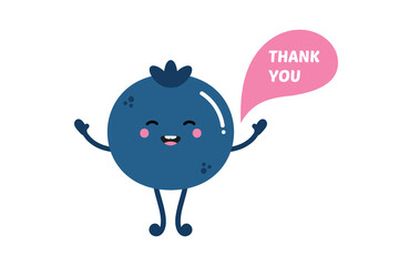 Cute cartoon style blueberry character smiling and saying thank you.
