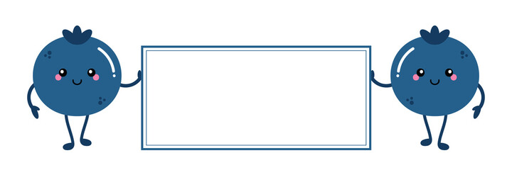 Couple of cute smiling cartoon blueberry characters holding blank, empty card, banner in hands. 