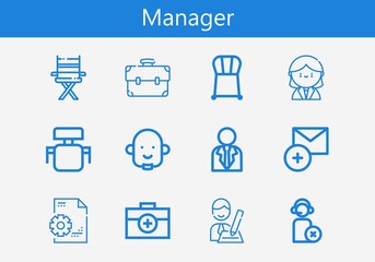 Premium set of manager line icons. Simple manager icon pack. Stroke vector illustration on a white background. Modern outline style icons collection of Operator, Receptionist, Add, Briefcase