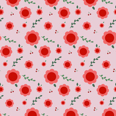 Seamless pattern with red flowers and cherries. Flowers on pink background.