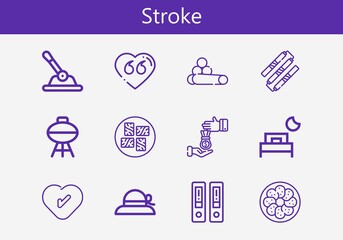 Premium set of stroke line icons. Simple stroke icon pack. Stroke vector illustration on a white background. Modern outline style icons collection of Heart, Bed, Control, Nunchaku, Pamela