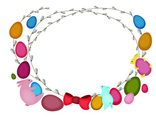 Easter wreath with place for your text. A wreath made of pussy willow branches, colorful eggs and cute Easter bunnies.