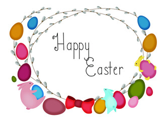 Easter wreath consisting of pussy willow branches, colorful eggs and cute Easter bunnies. Inside the Easter wreath the inscription "Happy Easter"