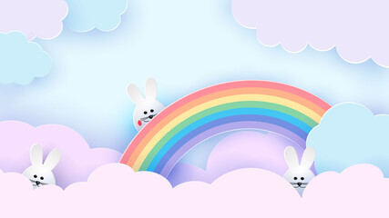 Happy Easter greeting card. Easter bunny on a rainbow. The sky is in pastel colors. Vector