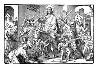 Jesus come on donkey to Jerusalem triumphal as king welcomed by crowd. Vintage antique drawing. Bible, New Testament.
