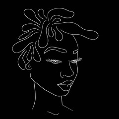 Abstract woman face one line drawing. Portrait minimalistic style. Modern abstract face white line on black. Minimalism concept of african women face, long hear. Face line art drawing style