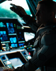 Portrait of Caucasian male astronaut inside spaceship cockpit. Sci-fi space exploration concept