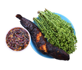 Grilled catfish and neem leaf which has blossom and sweet sauce, Thai season food / Select focus