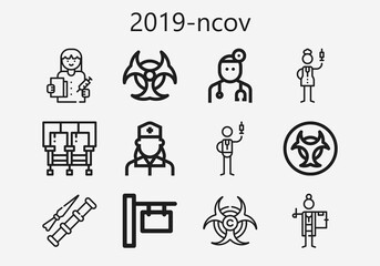 Premium set of 2019-ncov [S] icons. Simple 2019-ncov icon pack. Stroke vector illustration on a white background. Modern outline style icons collection of Spike, Biohazard, Sign, Doctor, Nurse