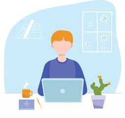 Home office concept, man working from home. man with laptop, education or working concept. Home office during coronavirus outbreak concept.