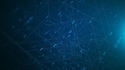 Digital network technology futuristic theme illustration concept. Abstract grid perspective graphic background.