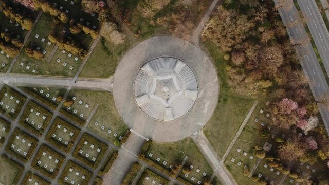 Old cemetry drone view. Aerial shot of an outside memorial, fall city landscape. Forgotten, mysterious place in the suburbs.