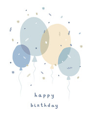 Cute Birthday Party Vector Card with Hand Drawn Blue and Beige Air Balloons, Confetti and Handwritten Wishes Isolated on a White Background. Funny Scandinavian Style Prints ideal for Cards, Greetings.