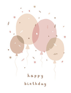 Cute Birthday Party Vector Card with Hand Drawn Pink and Beige Air Balloons, Confetti and Handwritten Wishes Isolated on a White Background. Funny Scandinavian Style Prints ideal for Cards, Greetings.