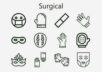 Premium set of surgical [S] icons. Simple surgical icon pack. Stroke vector illustration on a white background. Modern outline style icons collection of Glove, Gloves, Mask, Rubber