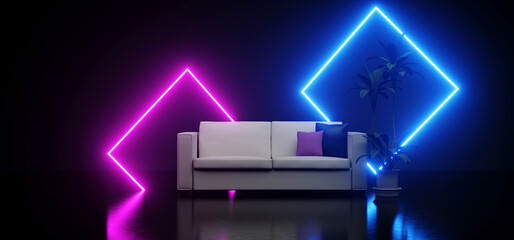 Neon Sci Fi Cyber Cafe Club Blue Purple Glowing Shapes Sofa Couch Green Flower Futuristic Dark Room Glossy Floor Fashion Modern 3D Rendering