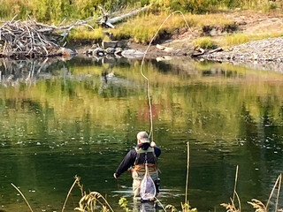 A man fly fishing in a river on the drive between Yellowstone National Park and Grand Teton National Park in September.
