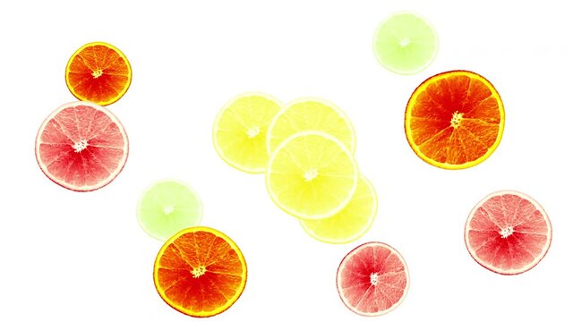 Orange fruit colourful lemon, lime, orange fruit slice animation. 2D element motion design. Seamless loop. Green lime fruit citrus cut. Alpha channel.