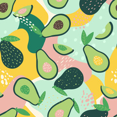 Doodle avocado and abstract elements. Vector seamless pattern. Hand drawn illustrations.