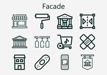 Premium set of facade [S] icons. Simple facade icon pack. Stroke vector illustration on a white background. Modern outline style icons collection of Pantheon, Bank, Paint roller, Reflect, Glass